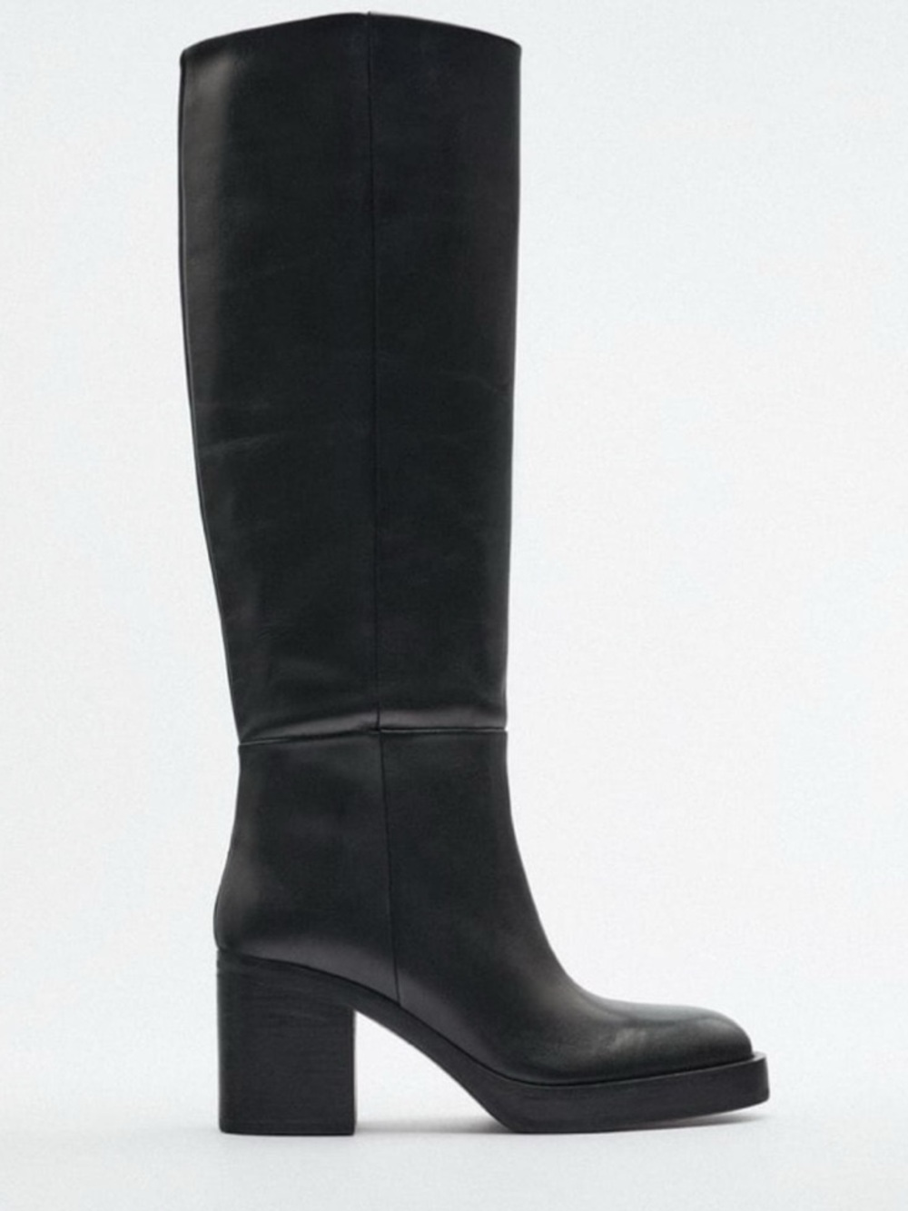 Zara Knee High Block Heel Leather Boot